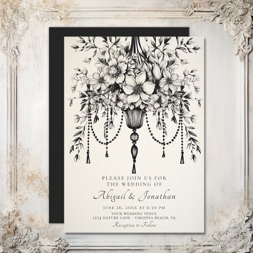 Elegant Floral Chandelier Black and White Wedding  Invitation