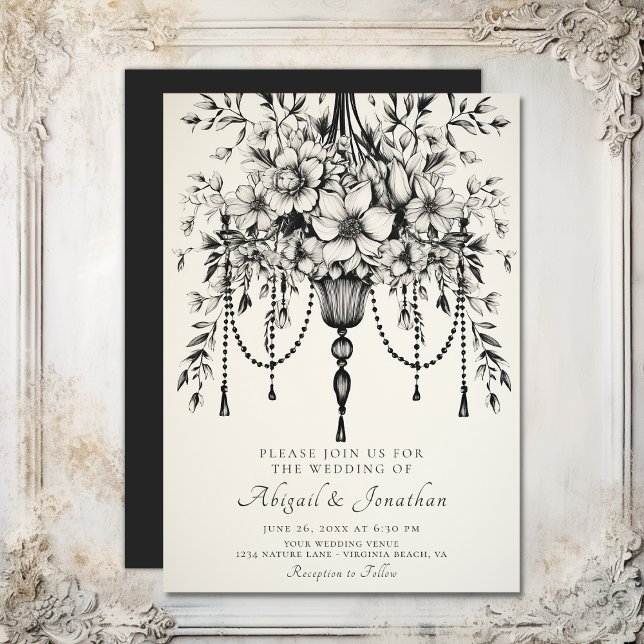 Elegant Floral Chandelier Black and White Wedding  Invitation (Elegant Floral Chandelier Black and White Wedding Invitation)