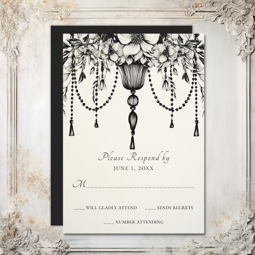 Elegant Floral Chandelier Black and White Wedding  RSVP Card
