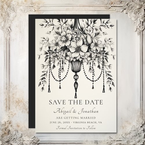 Elegant Floral Chandelier Black and White Wedding  Save The Date