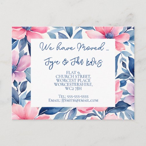 elegant floral change of address pink and blue announcement postcard