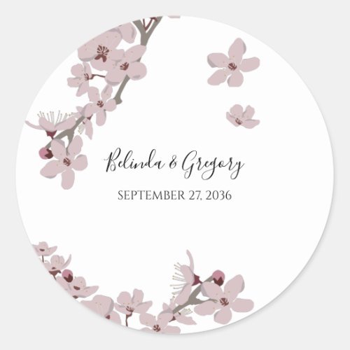 Elegant Floral Cherry Blossom Wedding  Classic Round Sticker