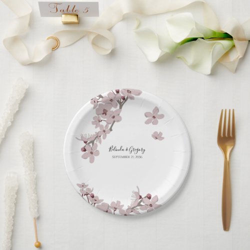 Elegant Floral Cherry Blossom Wedding Paper Plates