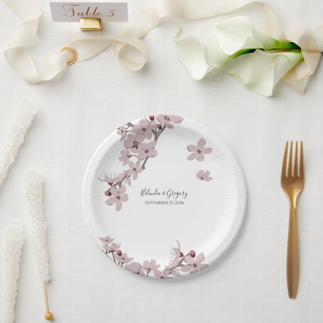 Elegant Floral Cherry Blossom Wedding Paper Plates (Wedding)