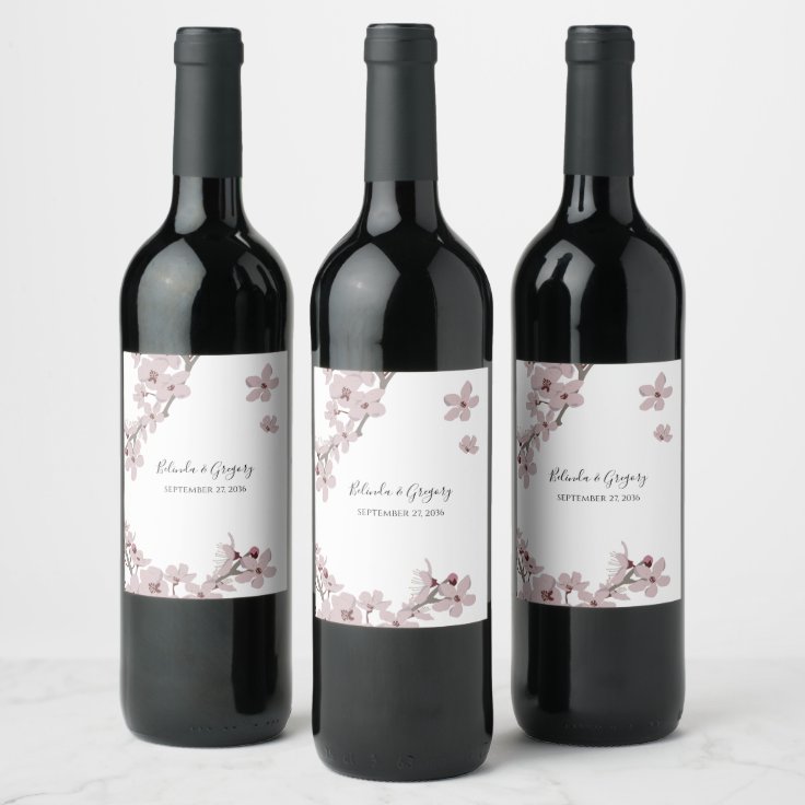 Elegant Floral Cherry Blossom Wedding Wine Label | Zazzle