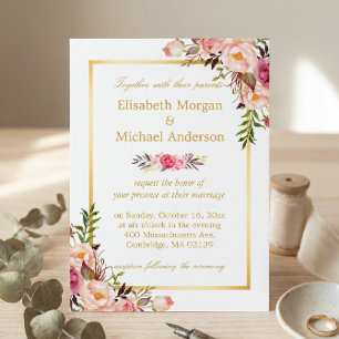 Elegant Floral Chic Gold White Formal Wedding Invitation