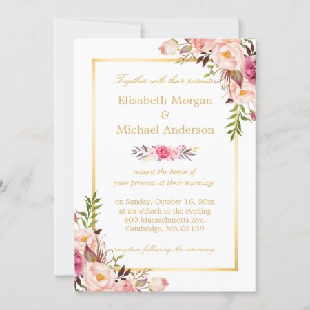 Elegant Floral Chic Gold White Formal Wedding Invitation
