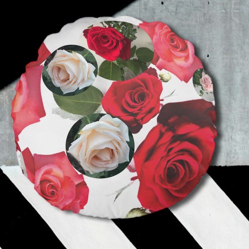  Elegant floral chic redcream pink white roses Round Pillow