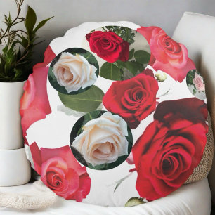  Elegant floral chic red,cream pink white roses Round Pillow