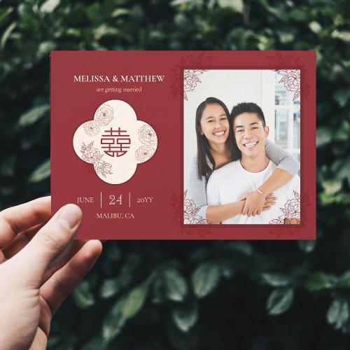 Elegant Floral Chinese Wedding Photo Save the Date