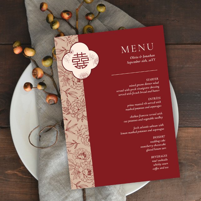 Elegant Floral Chinese Wedding Red Table Menu Card (Elegant Floral Chinese Wedding Red Table Menu Card)