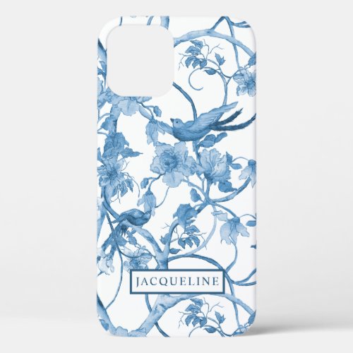 Elegant Floral Chinoiserie Blue and White Birds iPhone 12 Case