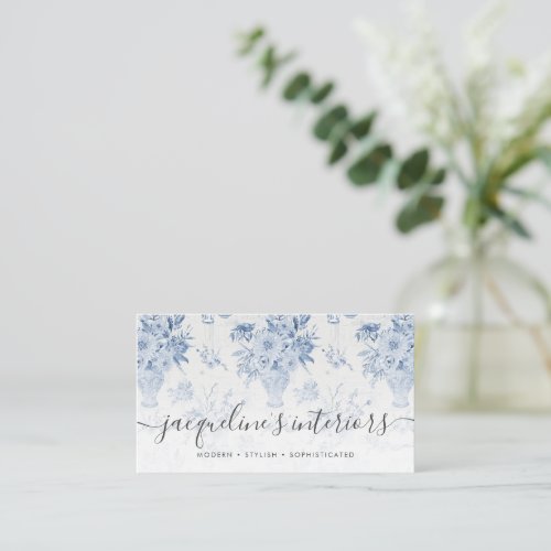 Elegant Floral Chinoiserie Blue White Watercolor  Business Card