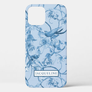 Elegant Floral Chinoiserie Dusty Blue White Birds iPhone 12 Case