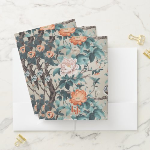 Elegant Floral Chinoiserie  Monogram  Pocket Folder
