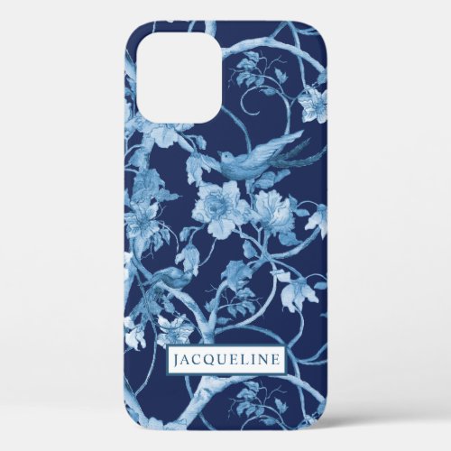 Elegant Floral Chinoiserie Navy Blue White Birds iPhone 12 Case