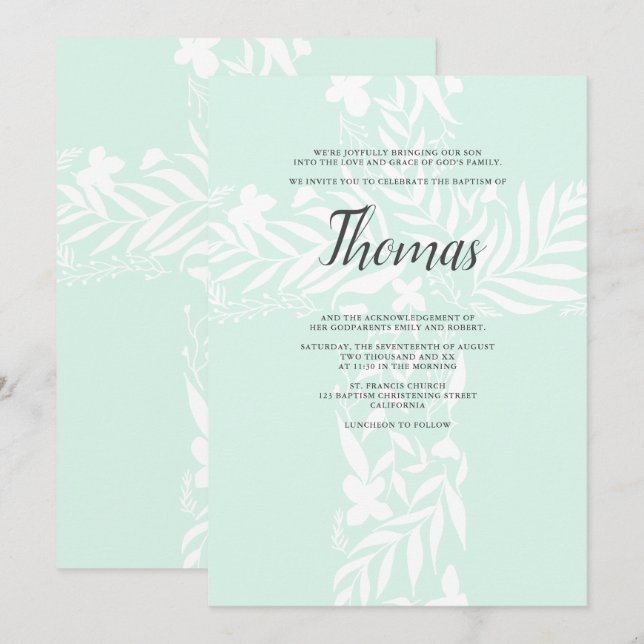 Elegant floral christian cross mint green baptism invitation (Front/Back)