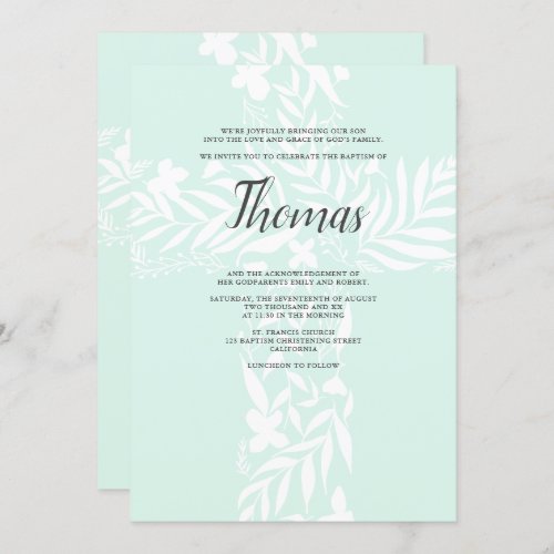 Elegant floral christian cross mint green baptism invitation