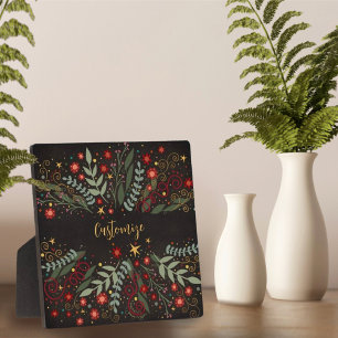 Elegant Floral Christmas Berries Stars Black Plaque