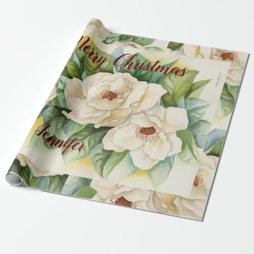 Elegant Floral Christmas Magnolia Flowers Red Name Wrapping Paper