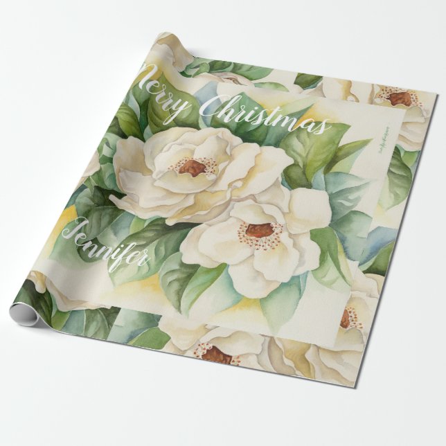 Elegant Floral Christmas Magnolia White Name  Wrapping Paper (Unrolled)