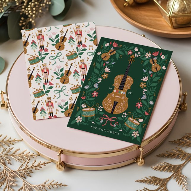 Elegant Floral Christmas Nutcracker Ballet Violin  Holiday Card (Elegant Floral Christmas Nutcracker Ballet Violin Holiday Card)