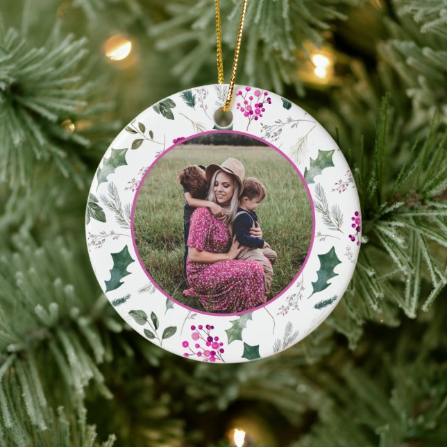 Elegant Floral Christmas Photo  Ceramic Ornament (Tree)