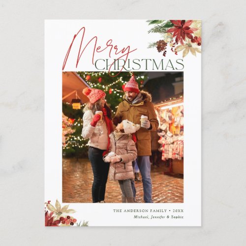 Elegant Floral Christmas Photo Holiday Postcard