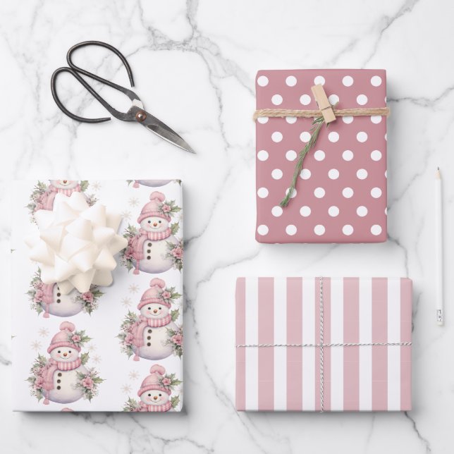 Elegant Floral Christmas Snowman Wrapping Paper Sheets (Front)