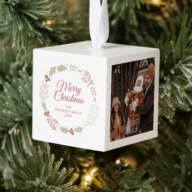 Elegant Floral Christmas Wreath Family 3 Photo Cube Ornament (Tree)
