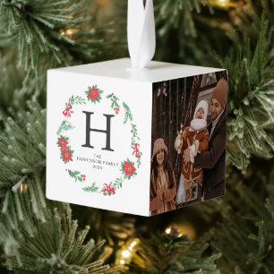 Elegant Floral Christmas Wreath Family 3 Photo Cube Ornament