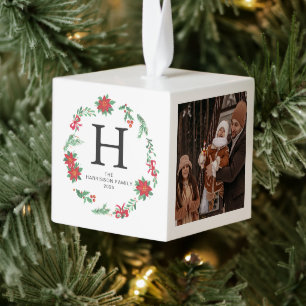 Elegant Floral Christmas Wreath Family 3 Photo Cube Ornament