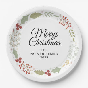 Elegant Floral Christmas Wreath Family Custom Name Paper Plates