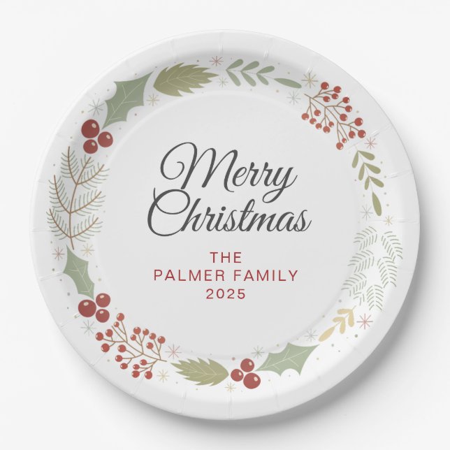 Elegant Floral Christmas Wreath Family Custom Name Paper Plates (Front)