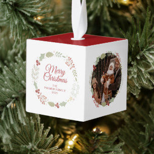 Elegant Floral Christmas Wreath Family Photo Cube Ornament