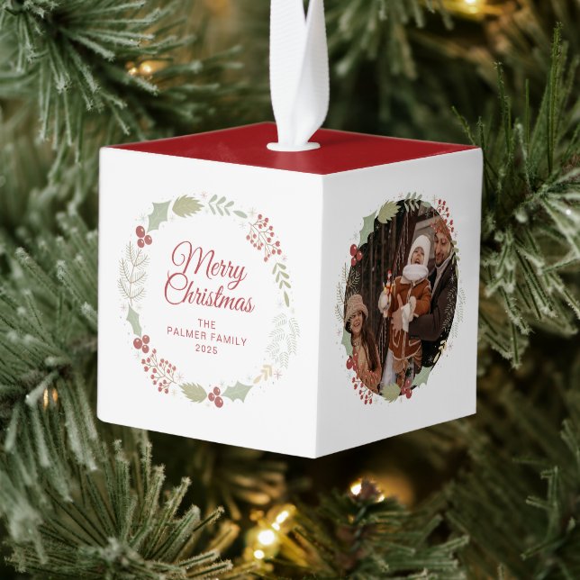 Elegant Floral Christmas Wreath Family Photo Cube Ornament (Tree)