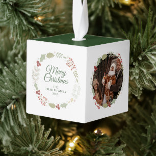 Elegant Floral Christmas Wreath Family Photo Cube Ornament