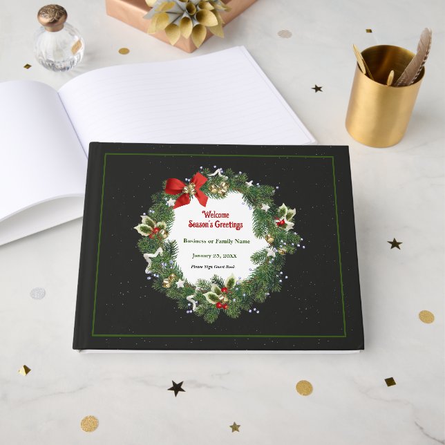 Elegant Floral Christmas Wreath Personalize Guest Book (Front Open)