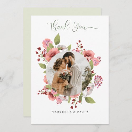 Elegant Floral Circle Photo Wedding Thank You Card