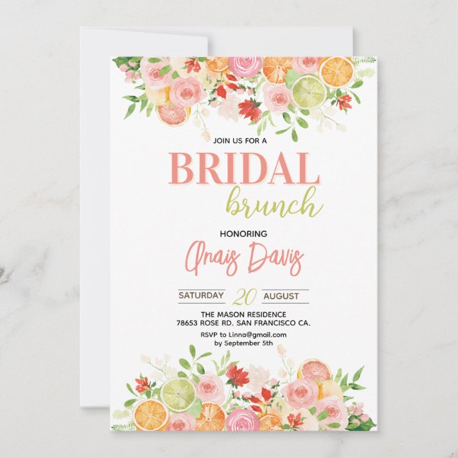 Elegant Floral Citrus Bridal Shower Invitation (Front)