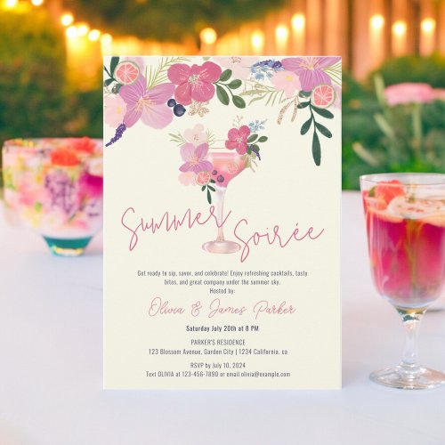 Elegant Floral Cocktail Hand Drawn Summer Soire Invitation