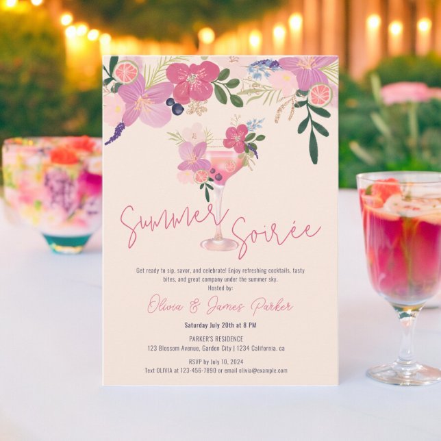 Elegant Floral Cocktail Hand Drawn Summer Soirée Invitation (Elegant Floral Cocktail Hand Drawn Summer Soirée Invitation on blush pink)