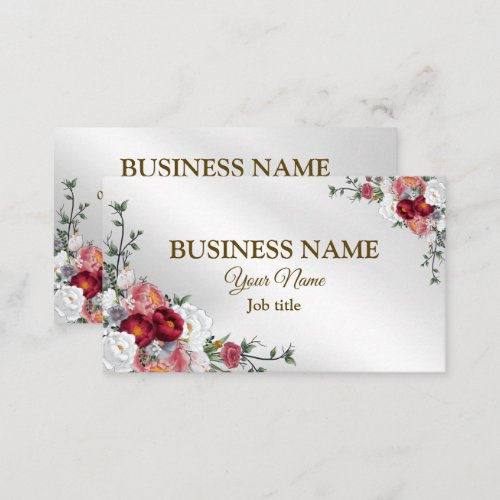 Elegant Floral Colorful Red Floral Silver Modern Business Card