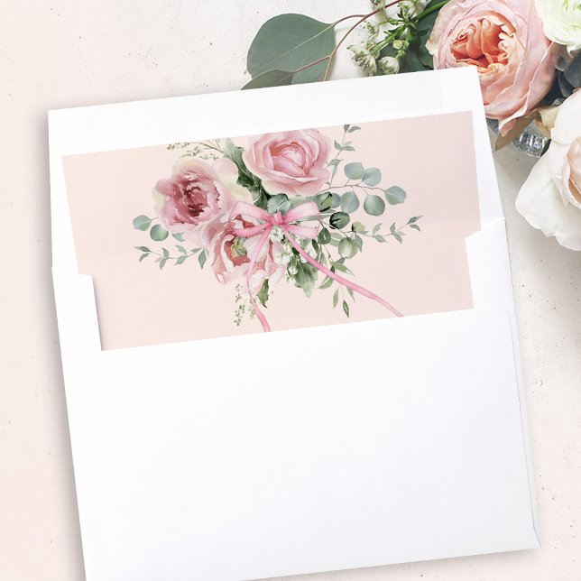 Elegant Floral Coquette Pink Bow Wedding Invite Envelope Liner (Coquette aesthetic elegant watercolor floral eucalyptus pink bow wedding invitation envelope liner)