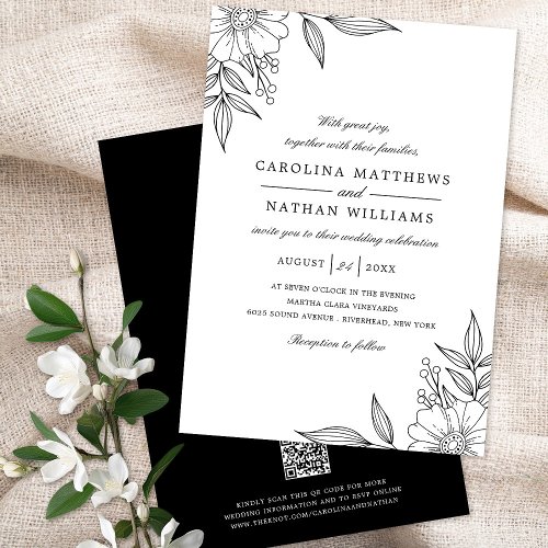 Elegant Floral Corners Wedding Black QR Code Invitation