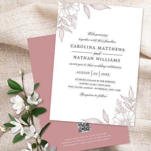 Elegant Floral Corners Wedding Blush Pink QR Code Invitation