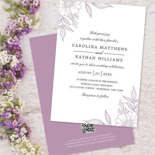 Elegant Floral Corners Wedding Lavender QR Code Invitation