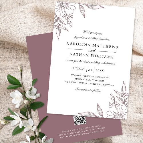 Elegant Floral Corners Wedding Mauve QR Code Invitation