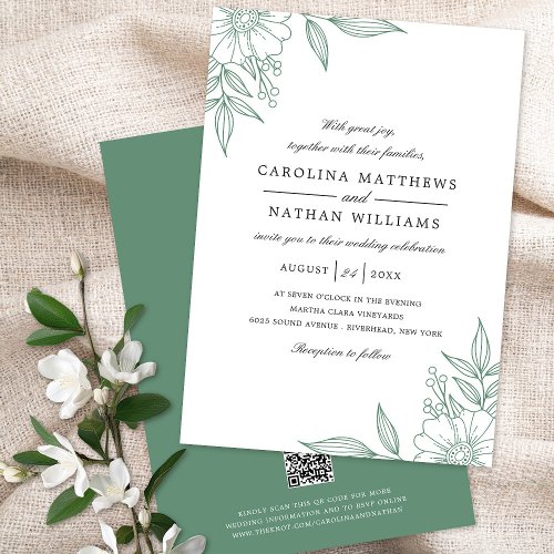 Elegant Floral Corners Wedding Mint Green QR Code Invitation