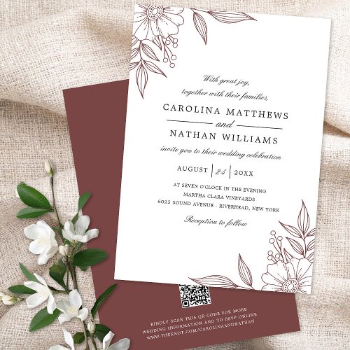Elegant Floral Corners Wedding Rust Red QR Code Invitation